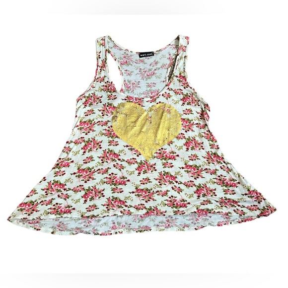 Wet Seal Y2K Flowy Floral Swing Tank Gold Foil Heart - Picture 3 of 7